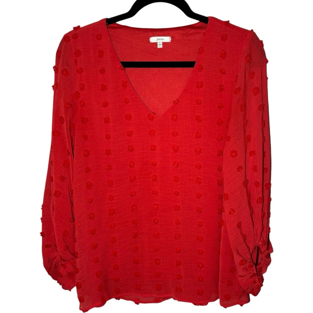 Jodifl Women's Small Polka Dot‎ Long Sleeve Bubble Sleeve V Neck Swiss Dot Top